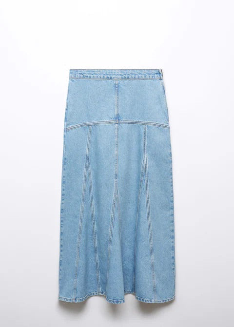 Long denim skirt with seams