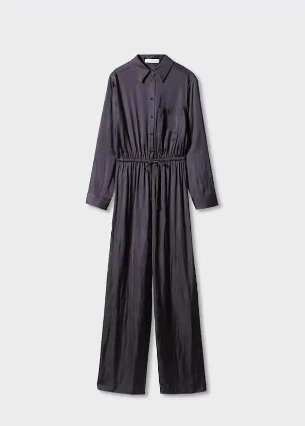 Long satin shirt jumpsuit