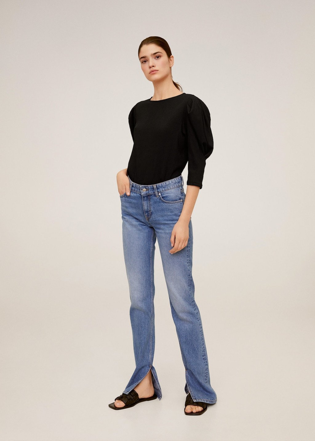 Puffed sleeves pleated t-shirt