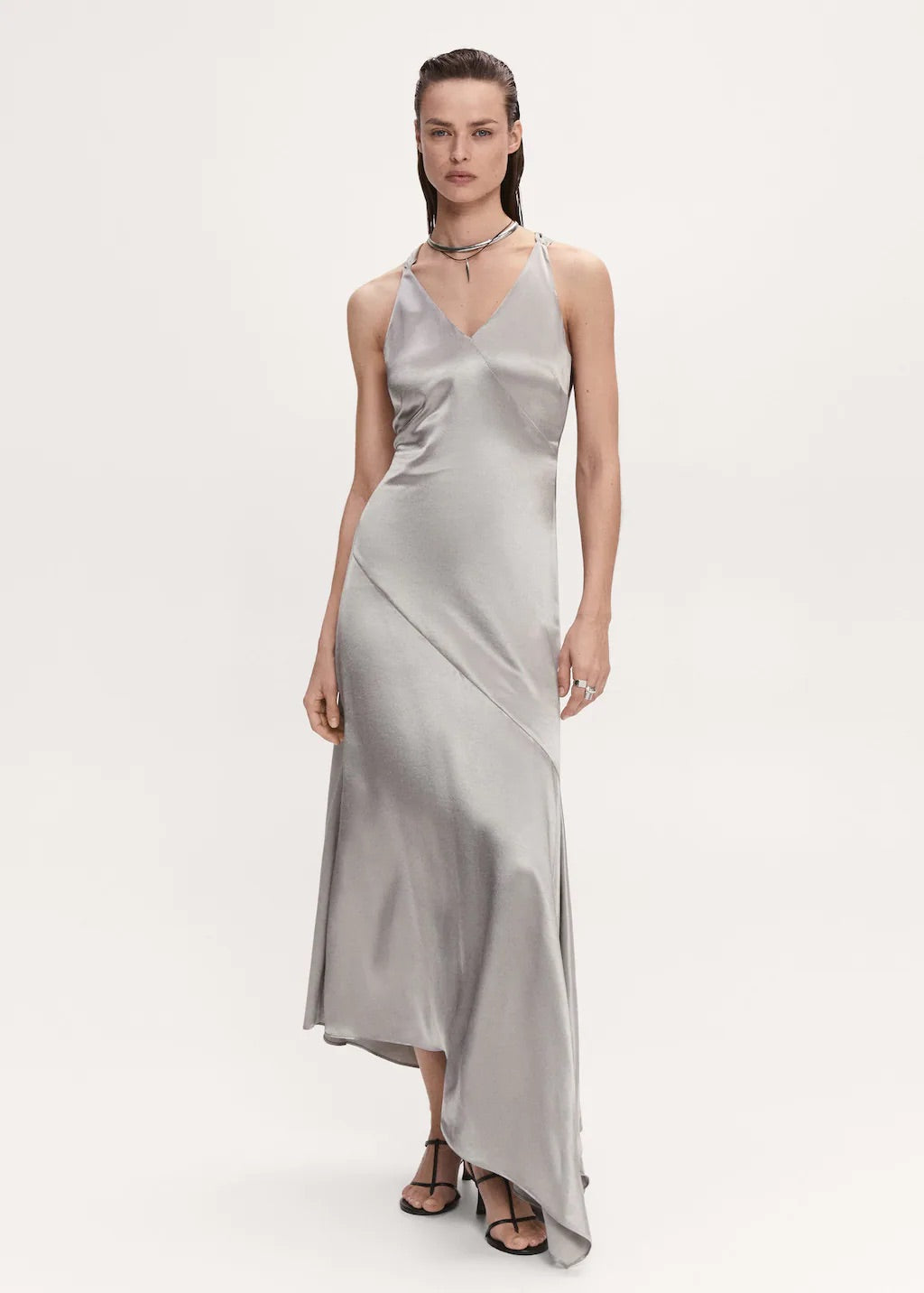 Asymmetrical satin dress with asymmetrical hem