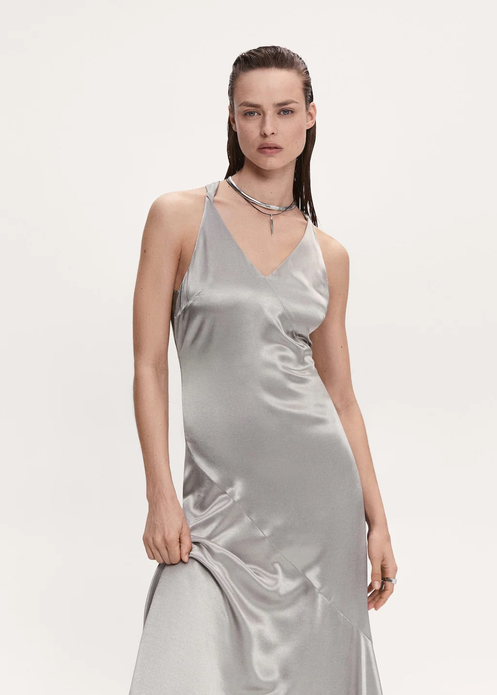 Asymmetrical satin dress with asymmetrical hem
