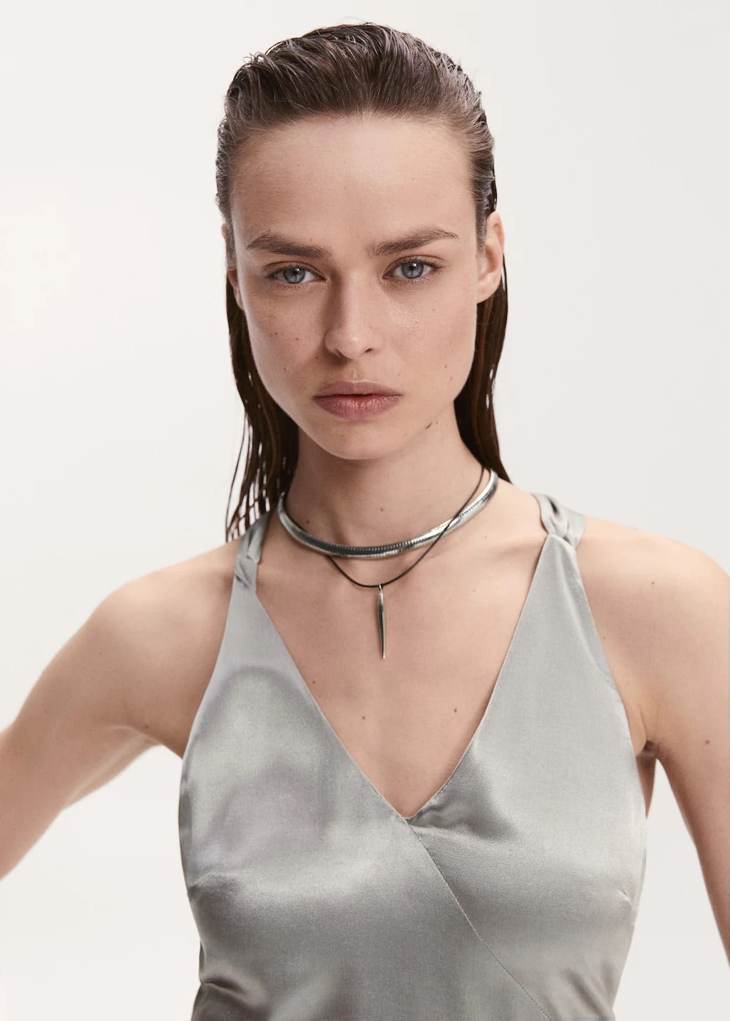 Asymmetrical satin dress with asymmetrical hem