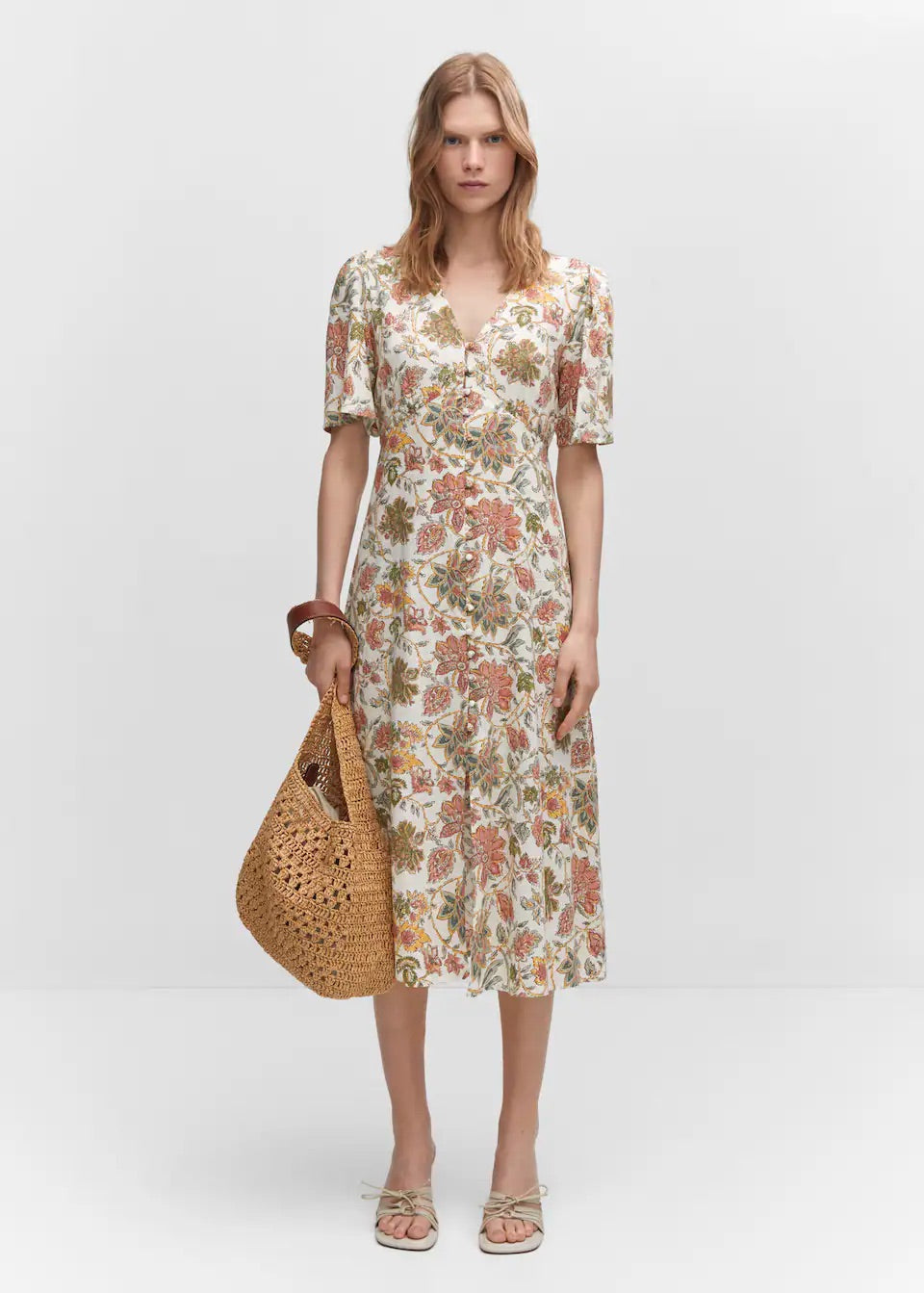 Buttoned linen-blend dress