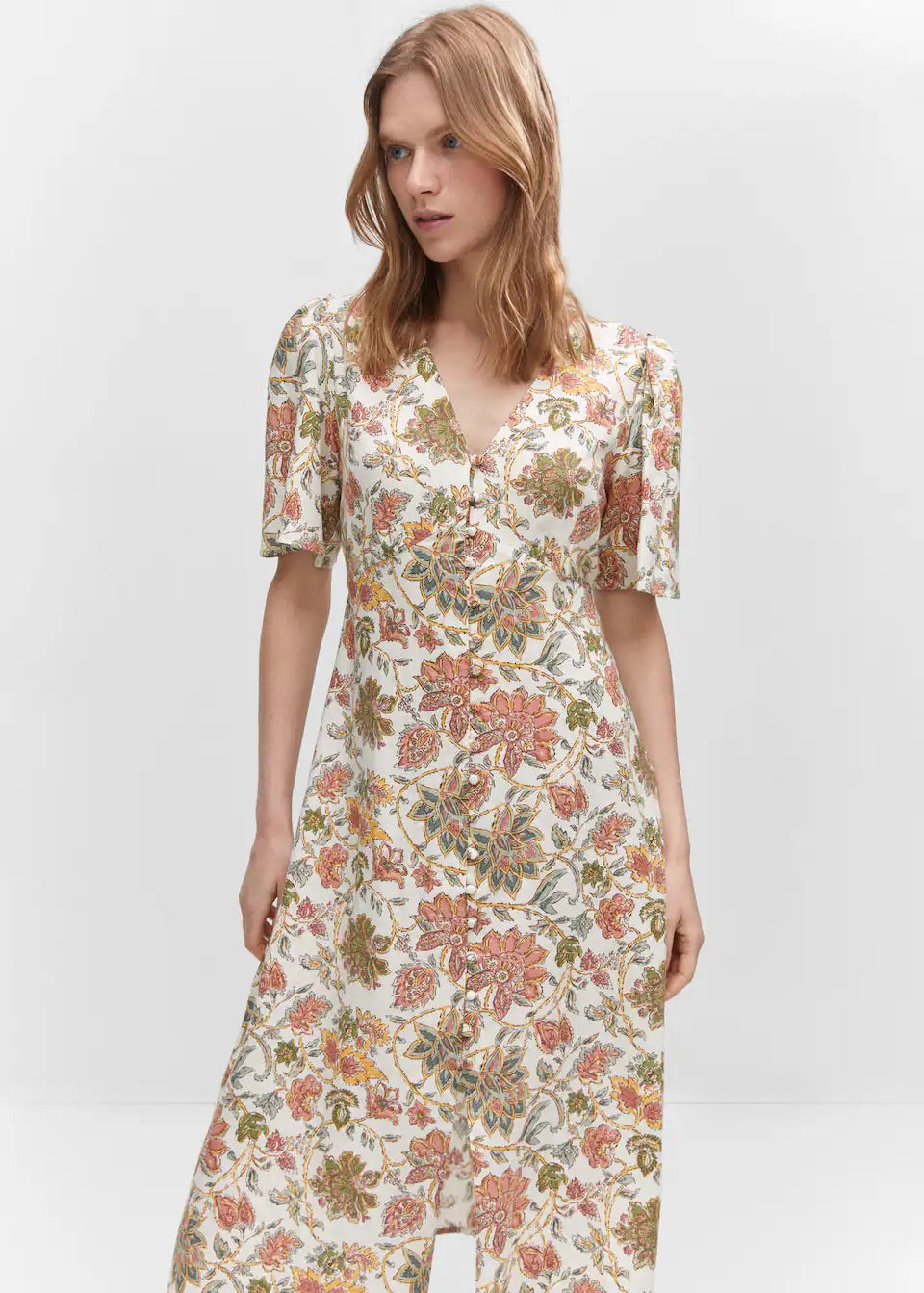 Buttoned linen-blend dress
