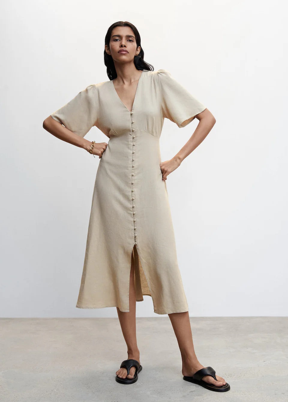 Buttoned linen-blend dress
