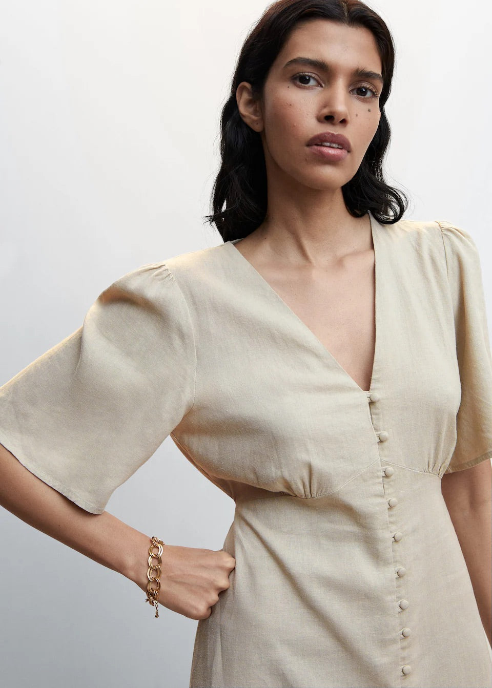 Buttoned linen-blend dress