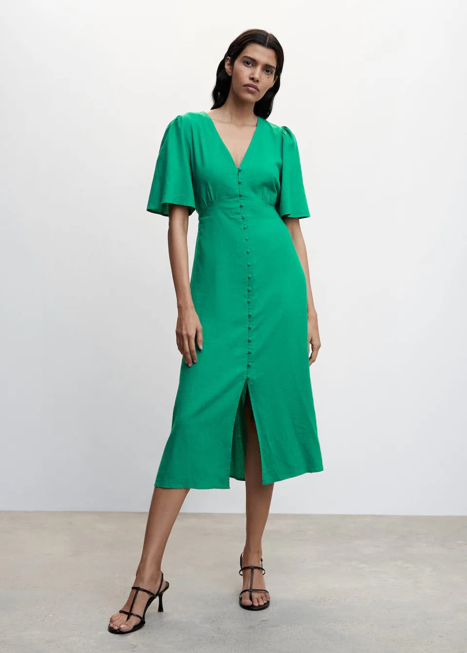 Buttoned linen-blend dress