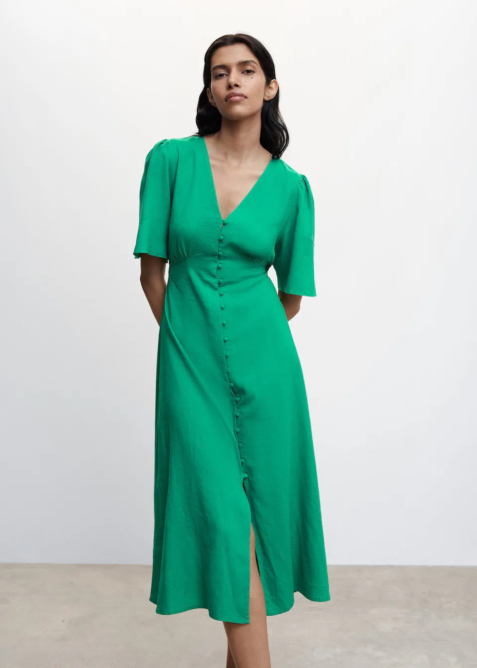 Buttoned linen-blend dress