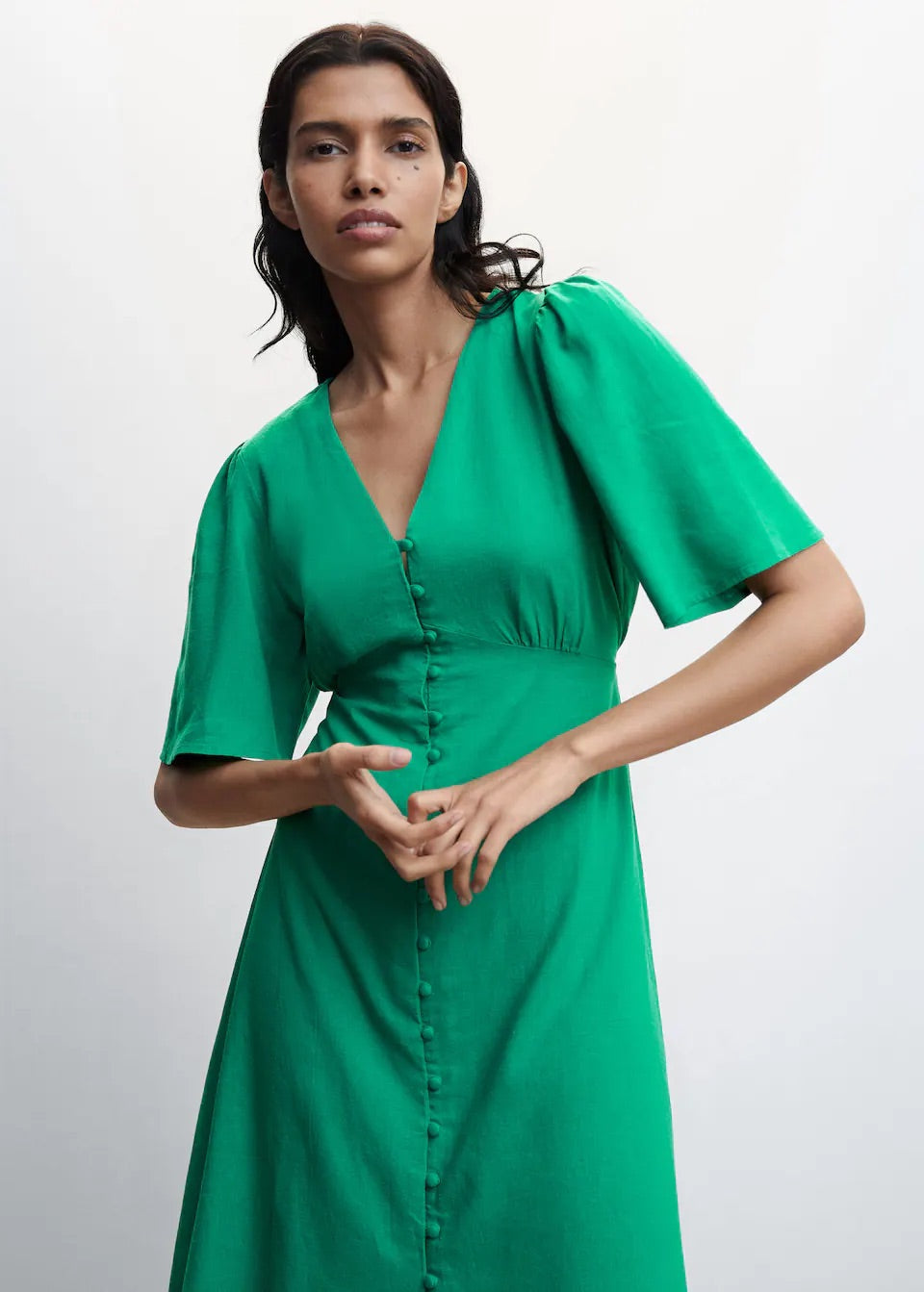 Buttoned linen-blend dress