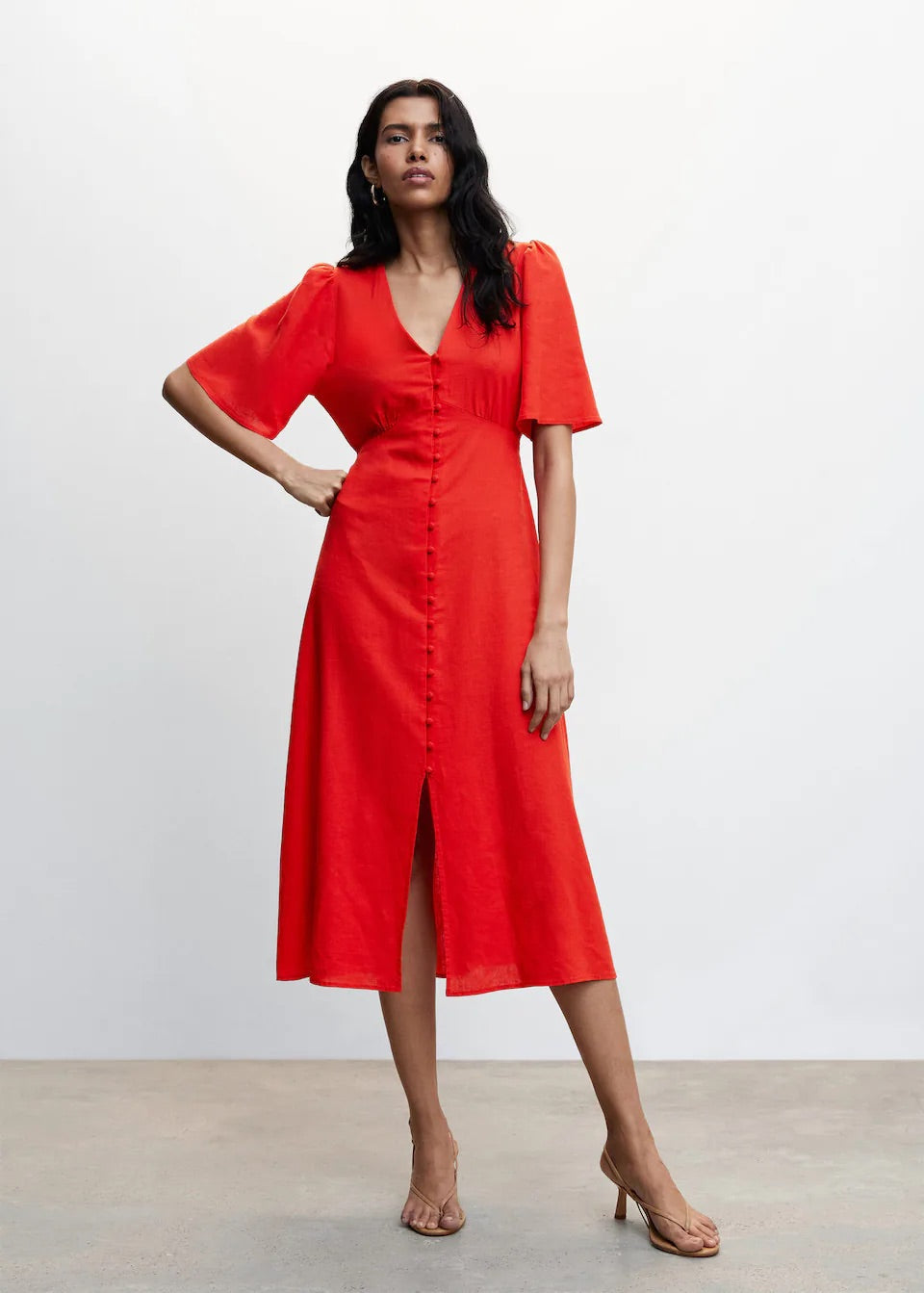 Buttoned linen-blend dress