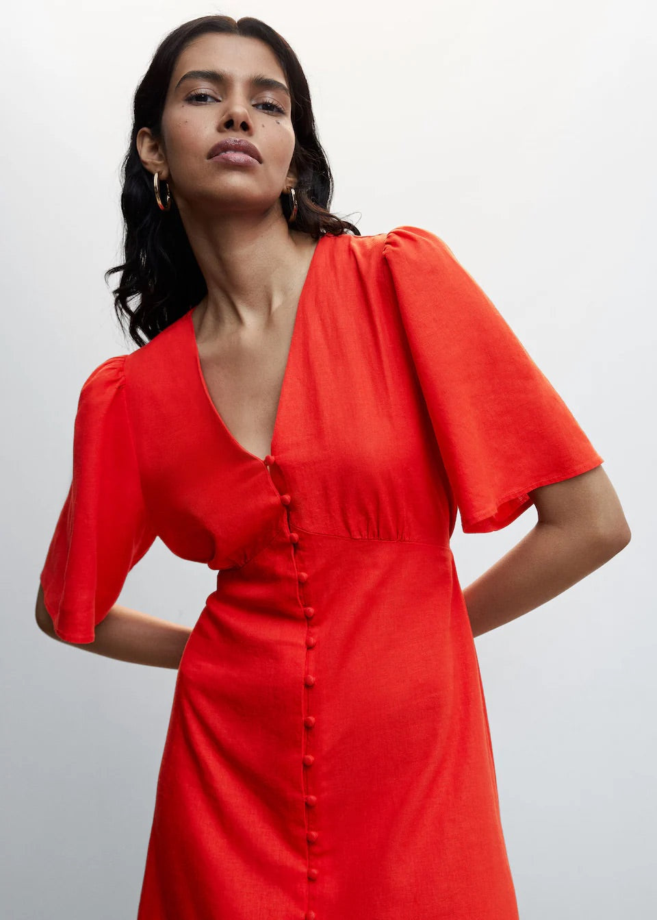 Buttoned linen-blend dress