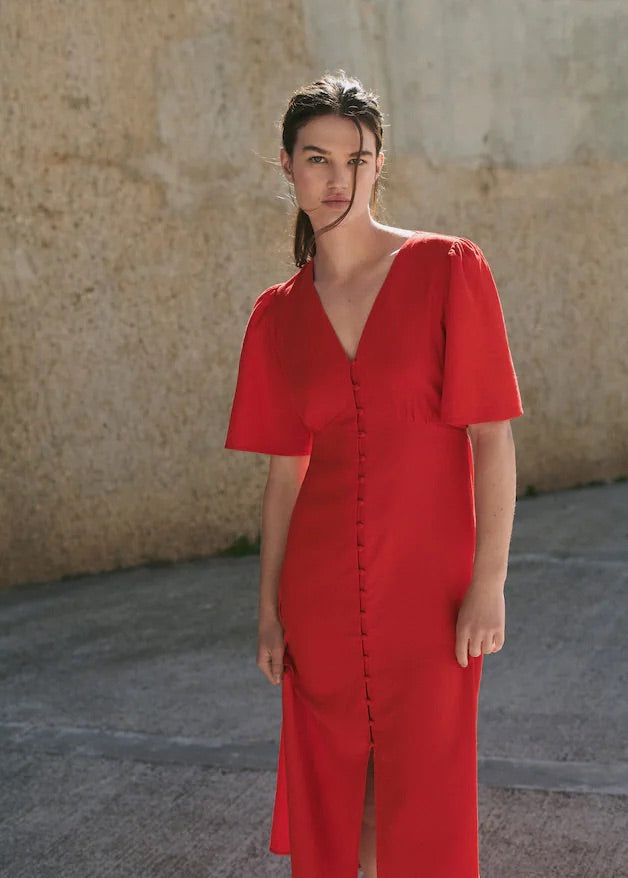 Buttoned linen-blend dress