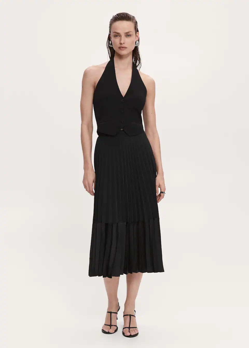 Satin-effect pleated midi-skirt