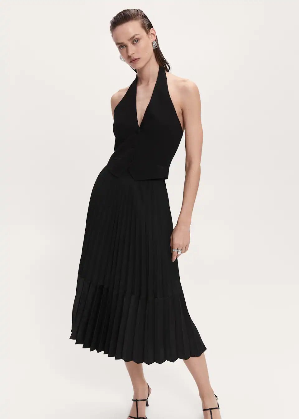 Satin-effect pleated midi-skirt