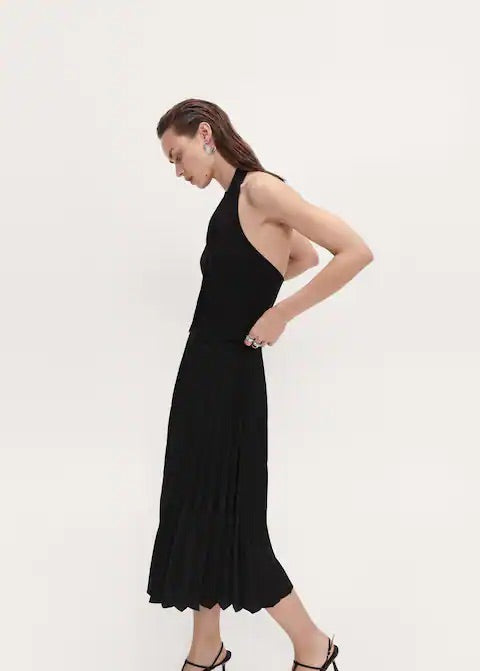 Satin-effect pleated midi-skirt