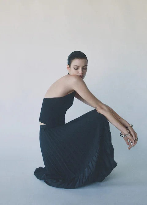 Satin-effect pleated midi-skirt
