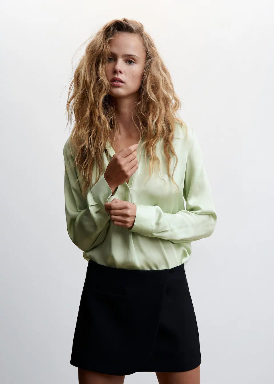 Mandarin-collar satin blouse