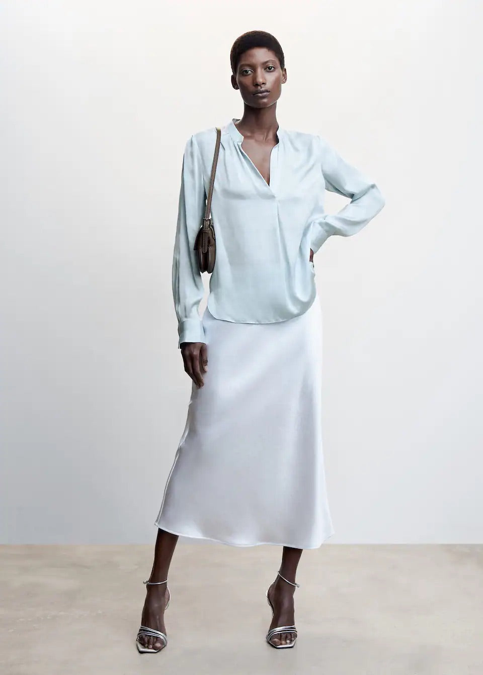 Mandarin-collar satin blouse