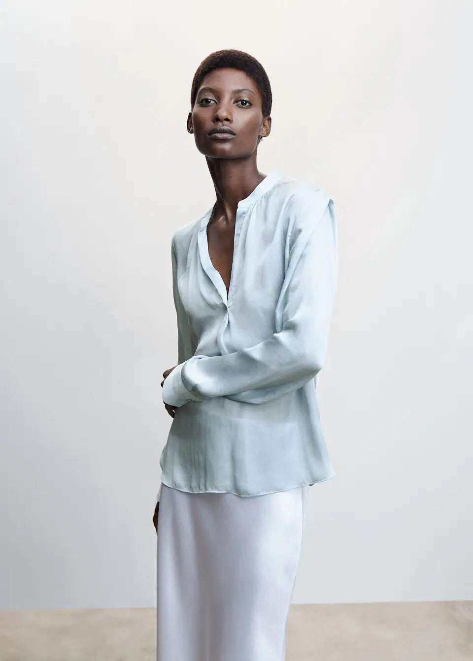 Mandarin-collar satin blouse