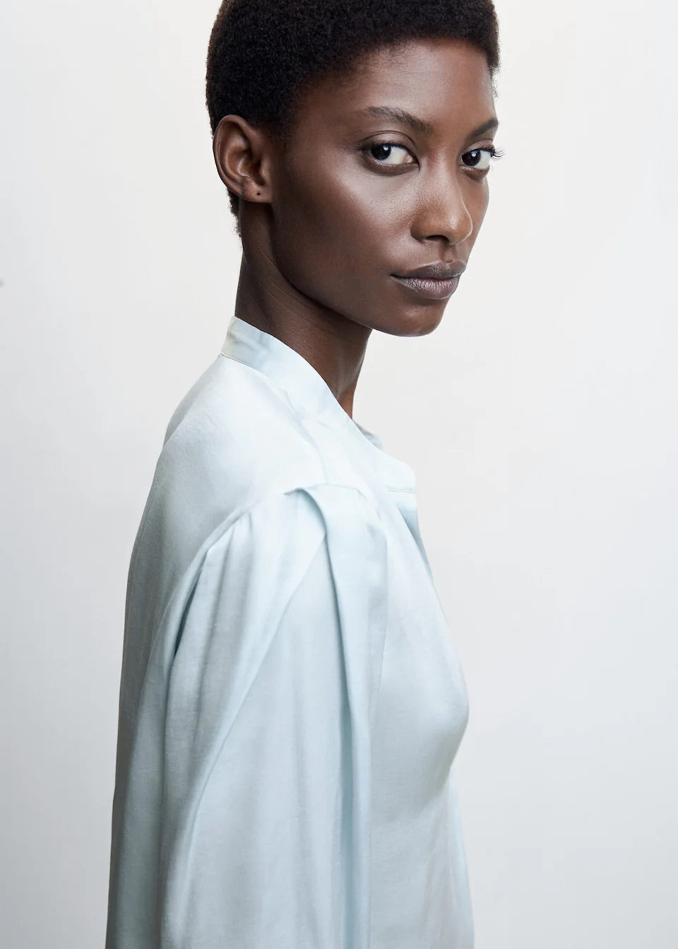Mandarin-collar satin blouse