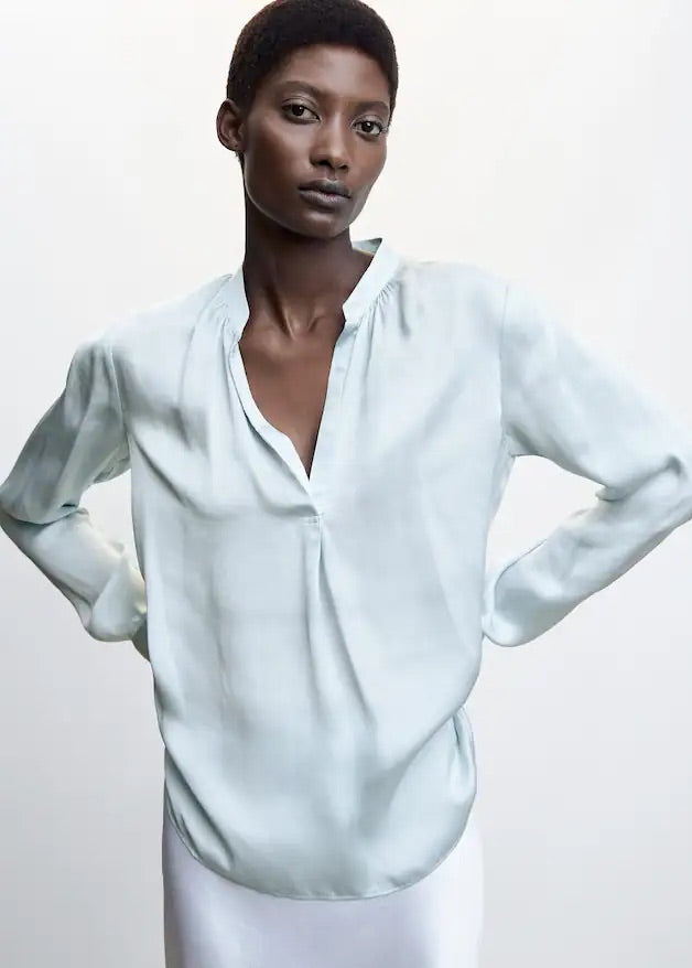 Mandarin-collar satin blouse