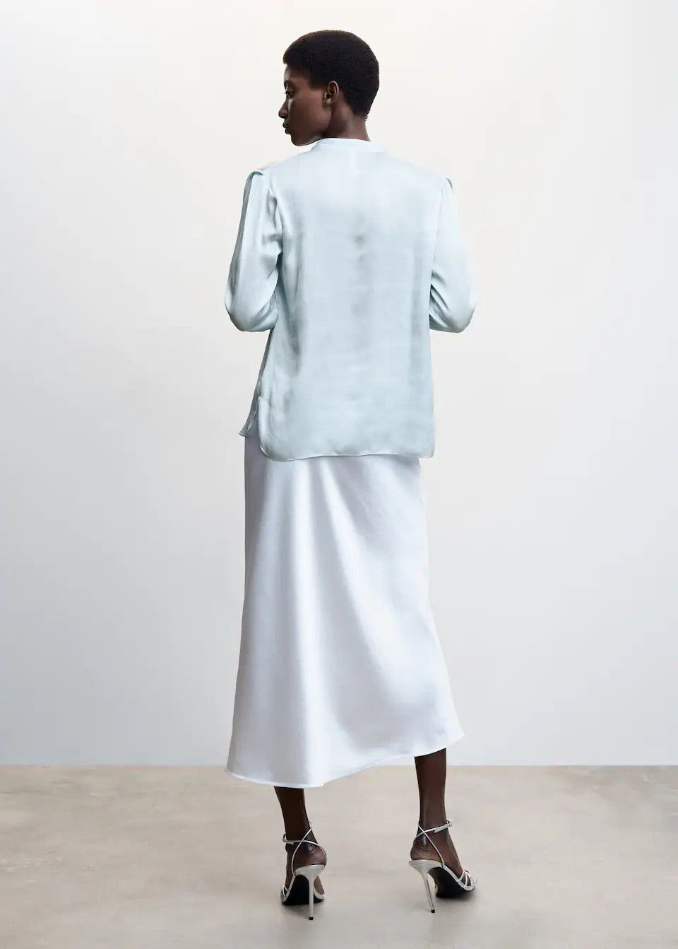 Mandarin-collar satin blouse