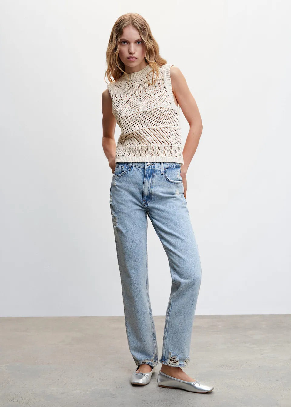 Openwork knit cotton top