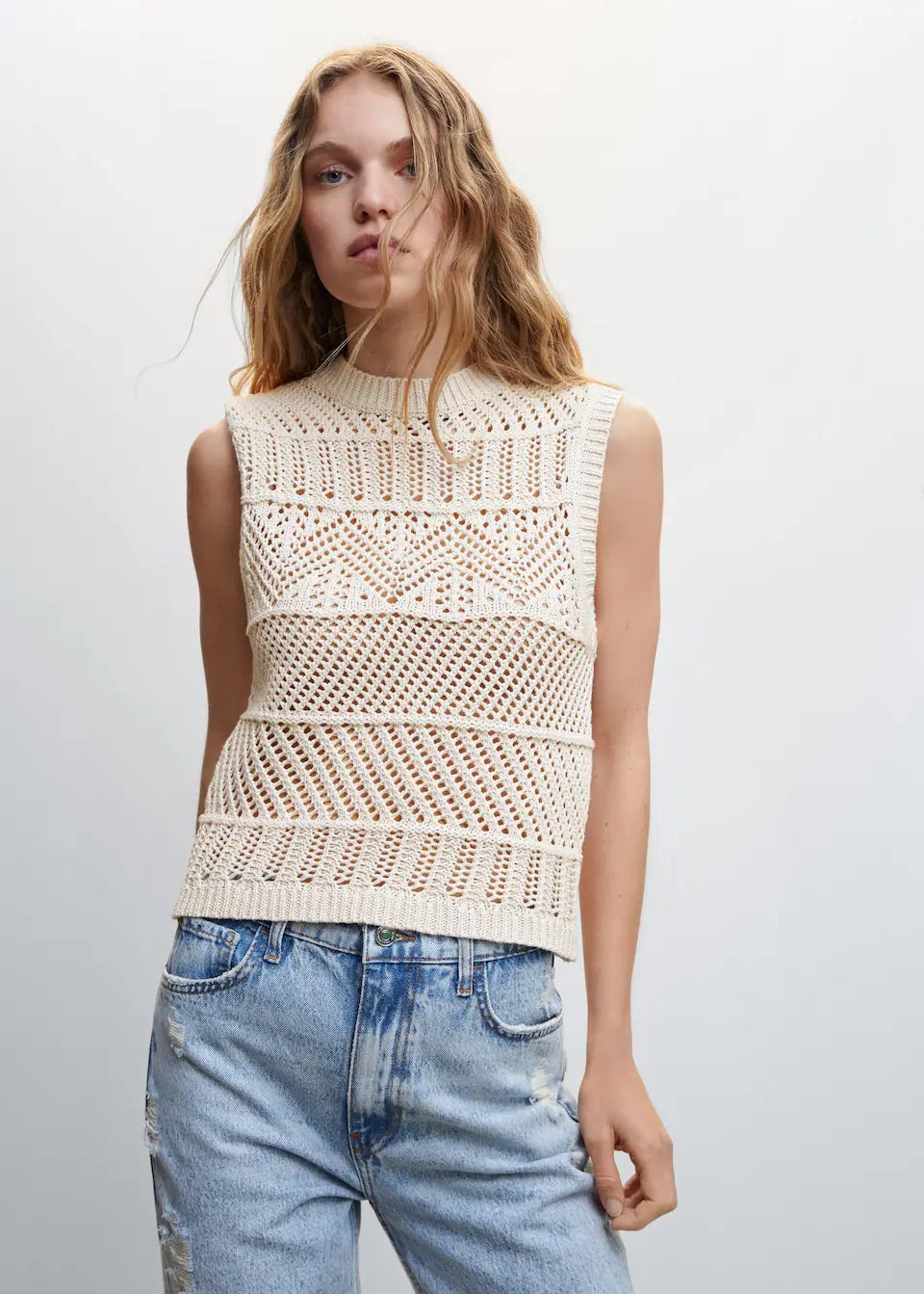 Openwork knit cotton top