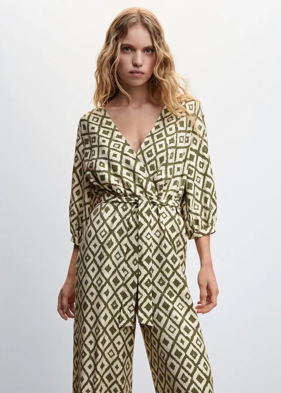 Geometric-print jumpsuit with bow