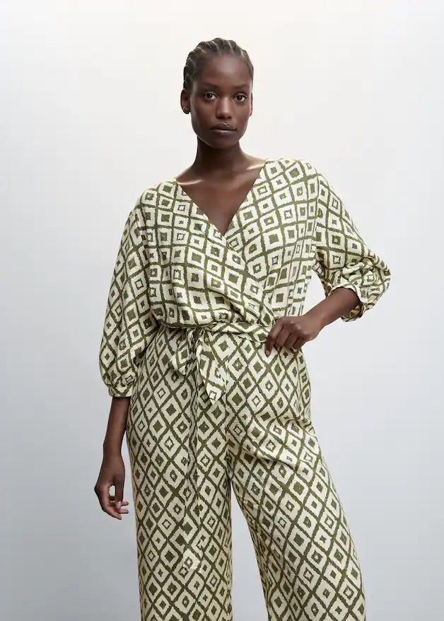 Geometric-print jumpsuit with bow
