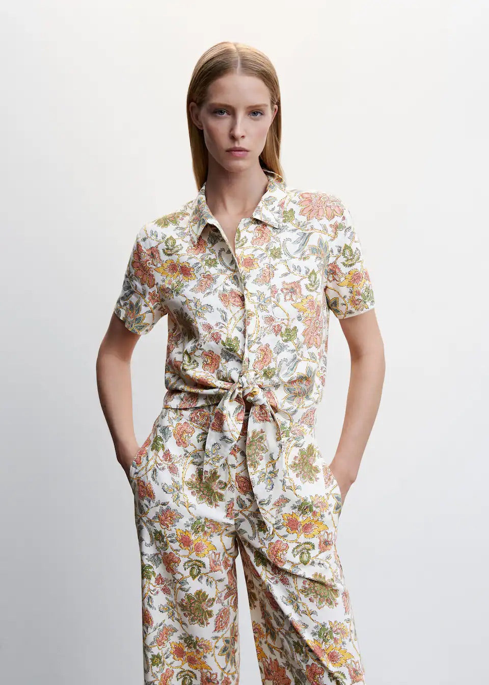 Floral linen-blend shirt