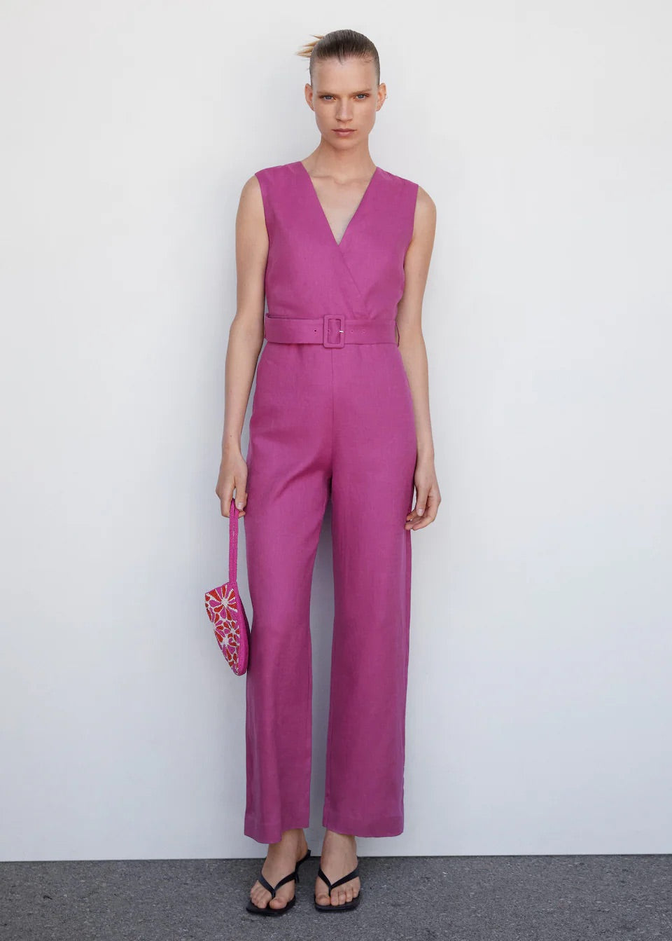 Linen jumpsuit with belt