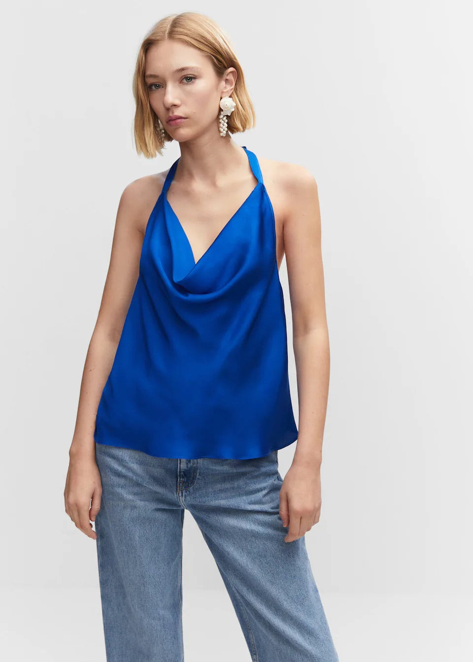 Draped neck satin top