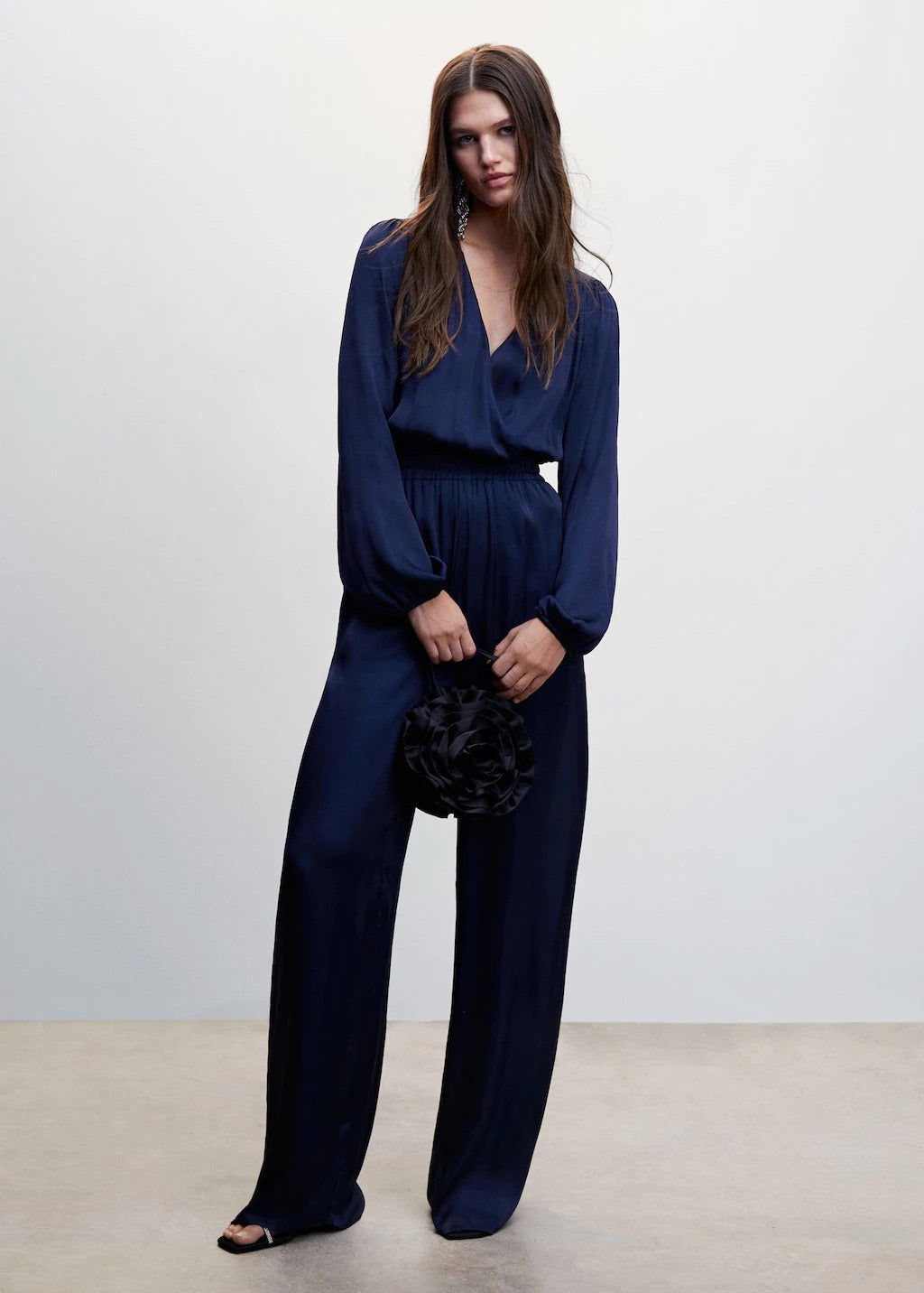 Wrap neckline satin jumpsuit