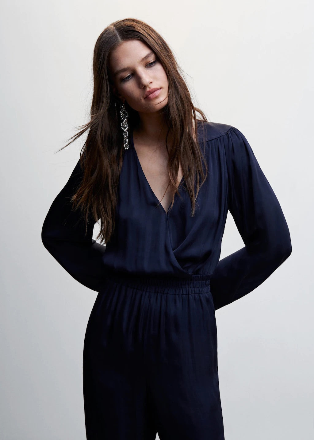Wrap neckline satin jumpsuit