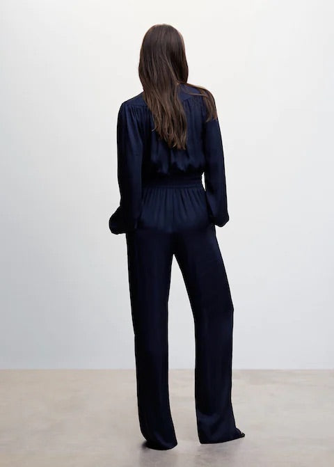 Wrap neckline satin jumpsuit