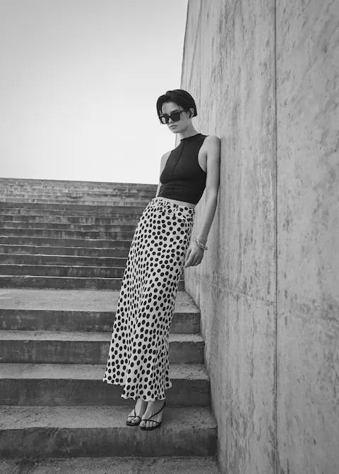 Printed skirt with polka-dot belt