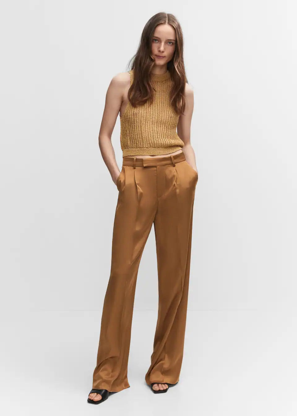Satin-finish trousers with pleat detail