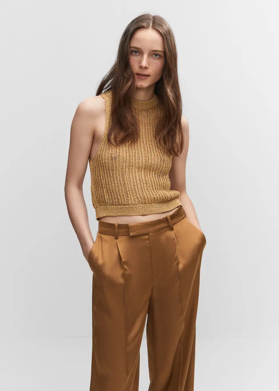 Satin-finish trousers with pleat detail