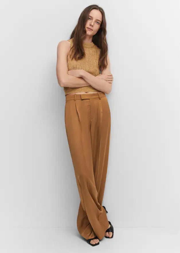 Satin-finish trousers with pleat detail