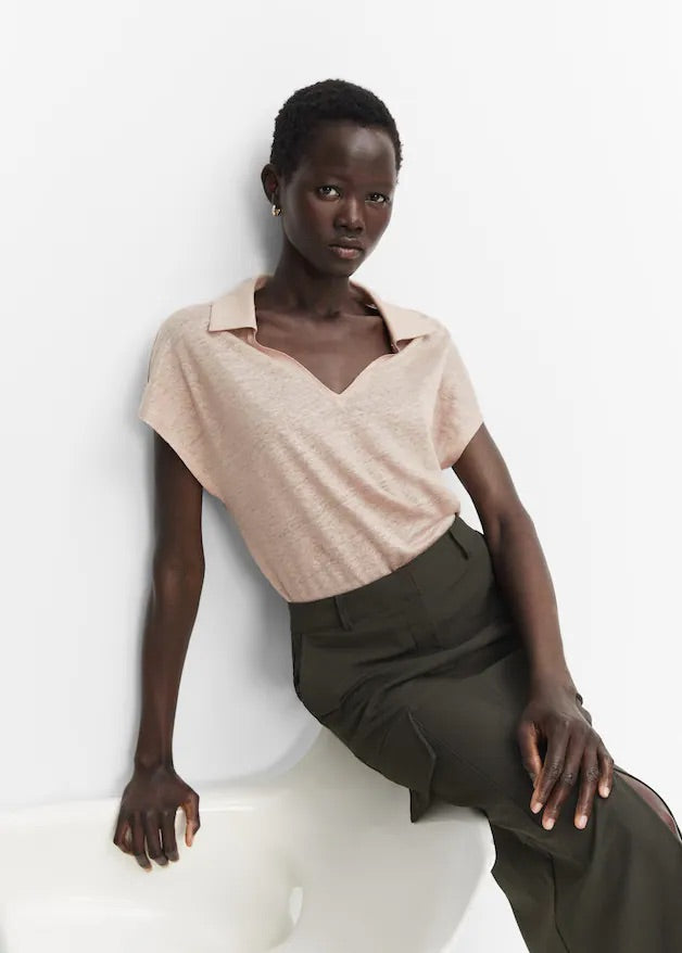 V-neck linen polo shirt