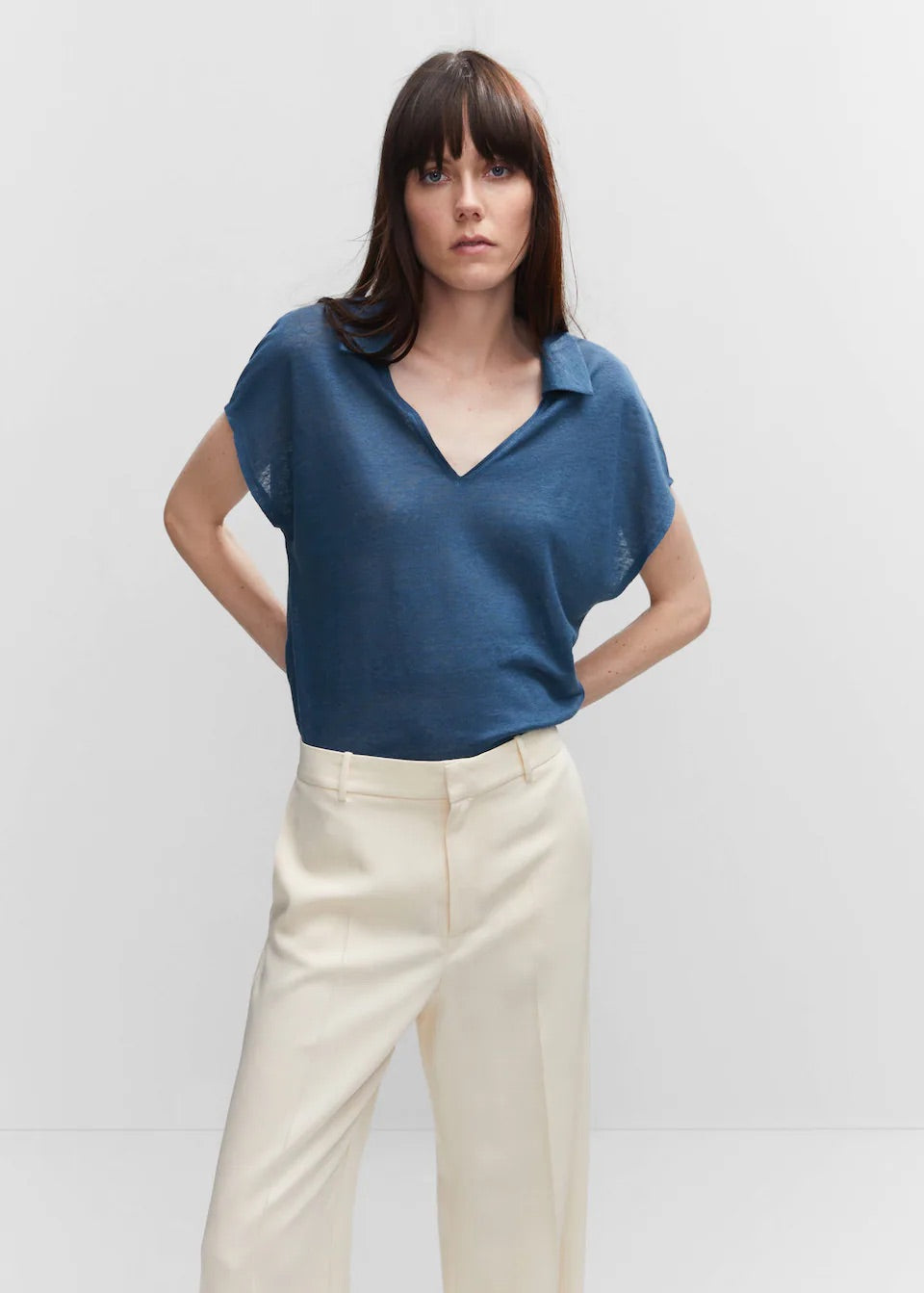 V-neck linen polo shirt