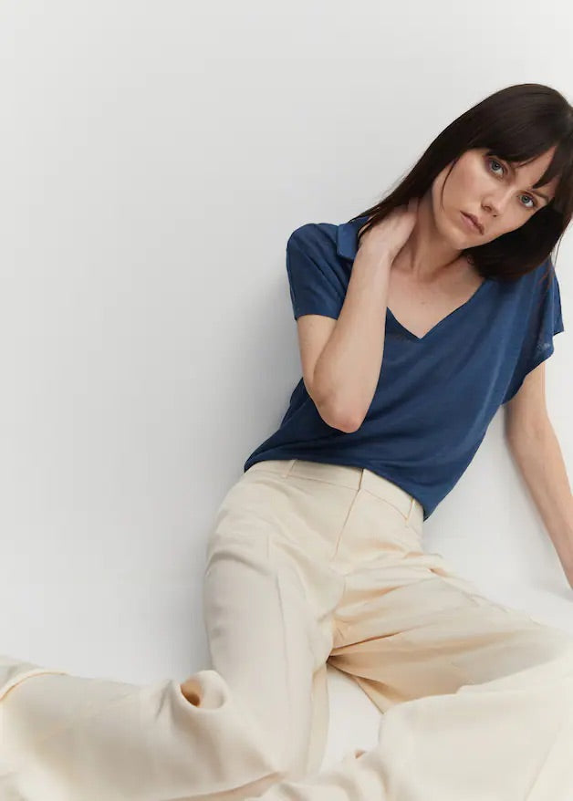 V-neck linen polo shirt