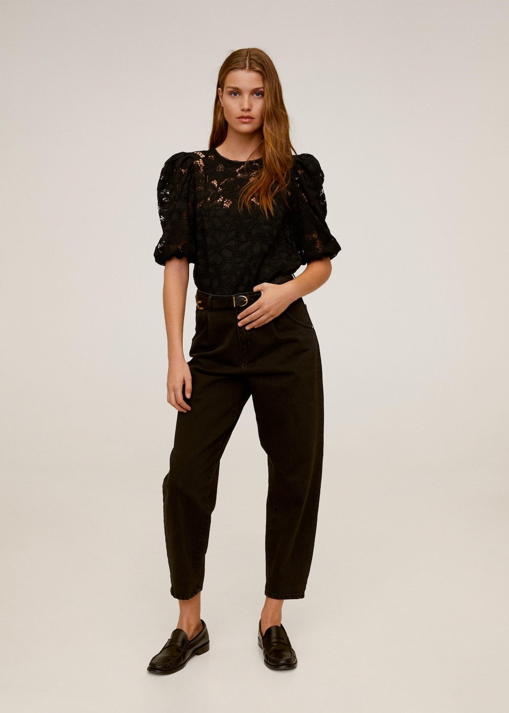 Puffed sleeves lace blouse