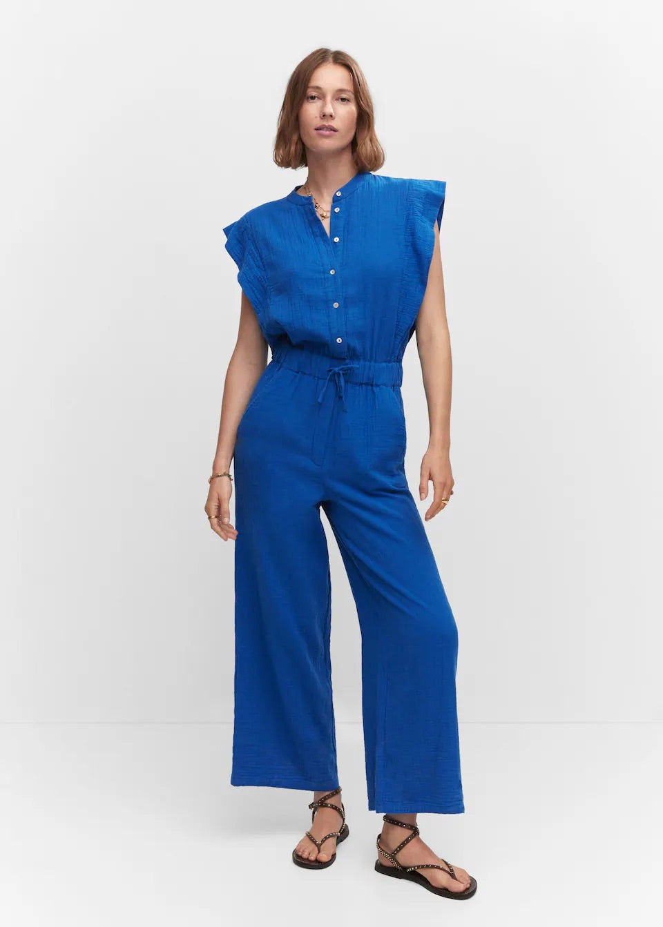 Textured jumpsuit with button