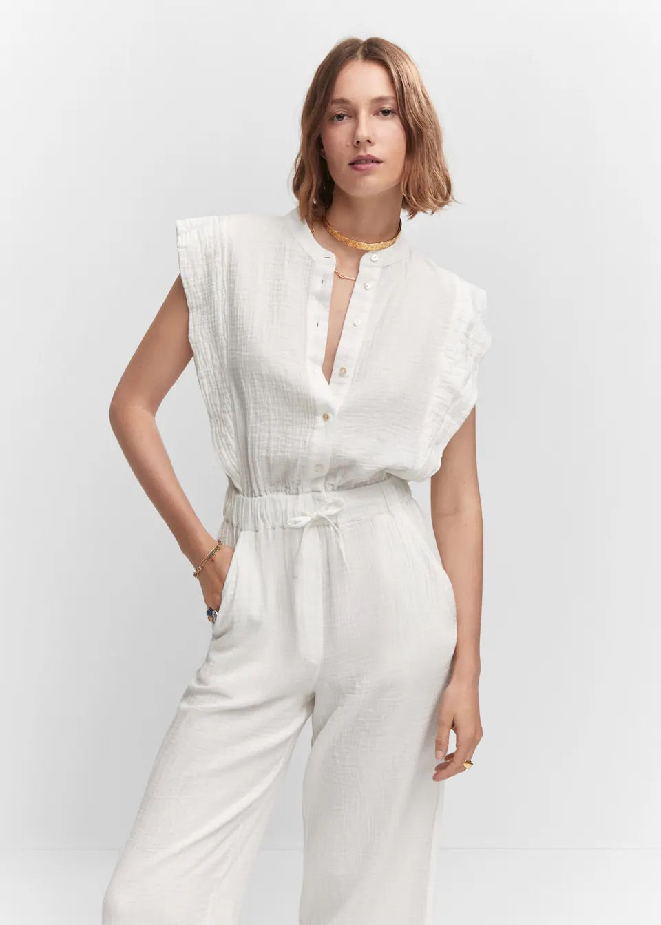 Textured jumpsuit with button