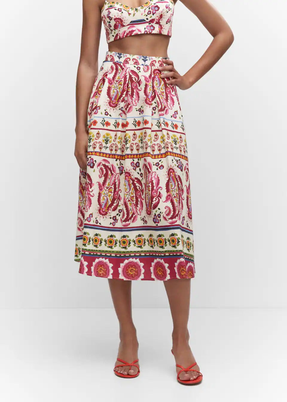 Printed linen-blend skirt