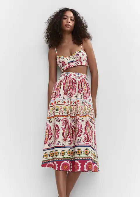 Printed linen-blend skirt