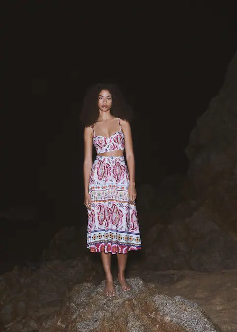 Printed linen-blend skirt