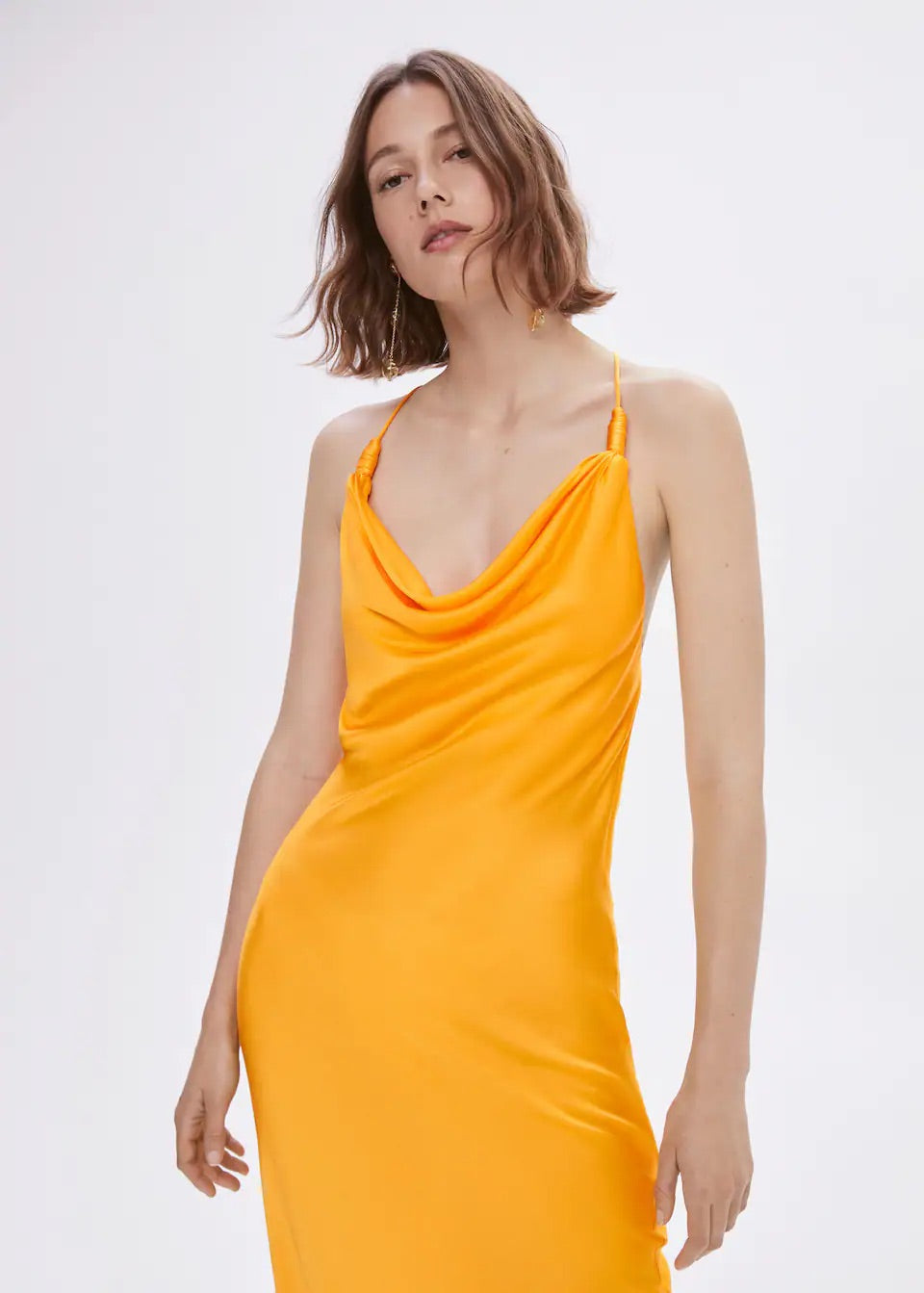 Draped neck satin dress